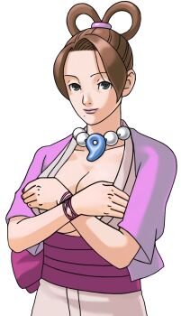 1girl ace_attorney aged_up bead_necklace beads bracelet breasts brown_hair capcom cleavage covering_breasts covering_privates cowboy_shot crossed_arms edited_official_artwork formal_clothes grey_eyes hair_rings half_updo highres japanese_clothes jewelry kimono large_breasts light_smile lipstick looking_at_viewer magatama magatama_necklace makeup mature_female mia_fey mole mole_under_mouth necklace no_bra official_art official_style open_clothes pearl_fey possessed possession resized ribbon robe short_hair short_kimono smile solo teasing third-party_edit transparent_background upper_body upscaled wide_sleeves