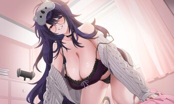 1girl absurdres all_fours artist_request binaural_microphone black_choker breasts camisole check_artist choker cleavage curtains frilled_camisole frills funyo_(masa) glasses hanging_breasts highres huge_breasts indie_virtual_youtuber indoors koala_necklace komoriya_sanaka long_hair looking_at_viewer microphone mole mole_under_mouth no_pants off_shoulder panties purple_hair see-through_clothes see-through_panties semi-rimless_eyewear sleep_mask slippers smile spaghetti_strap strap_slip sweater underwear virtual_youtuber