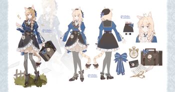 1girl alarm_clock animal_ear_fluff animal_ears blonde_hair bow cat_ears cat_tail clock dress flower hat highres looking_at_viewer multiple_views original pyyuu simple_background standing tail variant_set white_background