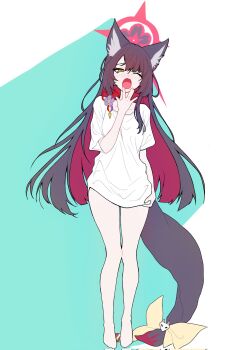 1girl :o ;o animal_ear_fluff animal_ears black_hair blue_archive breasts casual colored_inner_hair commentary_request corrupted_twitter_file fox_ears fox_girl fox_tail full_body halo hand_to_own_mouth highres long_hair looking_at_viewer multicolored_hair ntnjojo0807 one_eye_closed open_mouth red_halo shirt short_sleeves sleepy solo t-shirt tail wakamo_(blue_archive) white_shirt yawning yellow_eyes