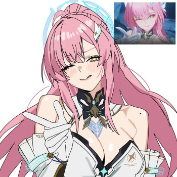 Rule 34 | 1girl, ;q, aemeath (wuthering waves), ahoge, breasts, cleavage, closed mouth, commentary, derivative work, elbow gloves, finger gun, game screenshot inset, gloves, hair ornament, hand up, hashtag-only commentary, highres, long hair, looking at viewer, medium breasts, mole, mole on shoulder, one eye closed, pink hair, riel (rielilu), screenshot inset, screenshot redraw, simple background, smile, solo, star-shaped pupils, star (symbol), symbol-shaped pupils, tongue, tongue out, upper body, white background, white gloves, wuthering waves, yellow eyes