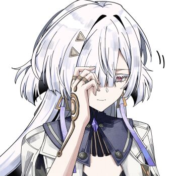 1girl closed_mouth colored_eyelashes commentary earrings english_commentary grey_hair hair_ornament hair_over_one_eye hand_up highres jacket jewelry long_hair mornye_(wuthering_waves) pokarii_zuu portrait red_eyes simple_background solo triangle_earrings white_background white_jacket wuthering_waves