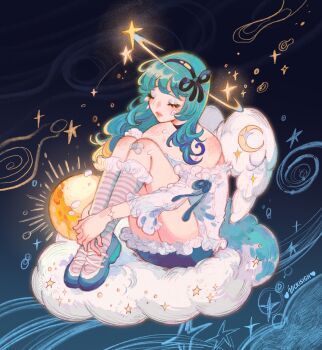 1girl aqua_hair artist_name bare_shoulders bow bracelet choker closed_eyes cloud frills full_body glowing hair_bow hair_ribbon highres jewelry knees_up long_hair original ribbon shoes sitting skirt socks solo star_(symbol) striped_clothes striped_socks thighs vicki_tsai wings
