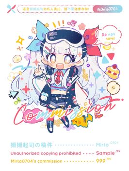 1girl :d artist_name black_boots black_jacket black_shorts blue_ribbon blue_shirt blush_stickers boots chibi chibi_only commentary commission crop_top cropped_shirt english_commentary full_body goggles goggles_on_head hair_ribbon hand_up highres index_finger_raised jacket lace-up_boots long_hair long_sleeves looking_at_viewer mirta multiple_views necktie open_clothes open_jacket open_mouth original red_necktie red_ribbon red_thighhighs ribbon shirt shorts simple_background smile solo standing thighhighs twintails twitter_username very_long_hair watermark white_background white_hair yellow_eyes