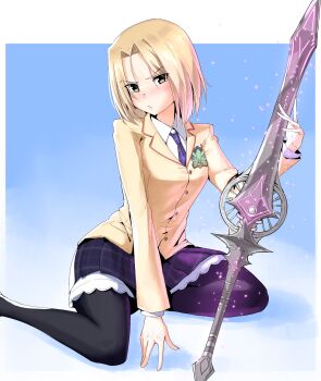 1girl between_legs black_pantyhose blazer blonde_hair blush breasts brown_eyes chaos;head commission commissioner_upload d-sword embarrassed glowing glowing_sword glowing_weapon hand_between_legs highres holding holding_sword holding_weapon jacket kneeling lapels looking_at_viewer necktie nishijou_matriarch non-web_source notched_lapels optaku pantyhose petticoat plaid_clothes plaid_necktie plaid_skirt pleated_skirt purple_necktie school_uniform science_adventure short_hair skirt small_breasts solo suimei_academy_school_uniform sword v-shaped_eyebrows weapon