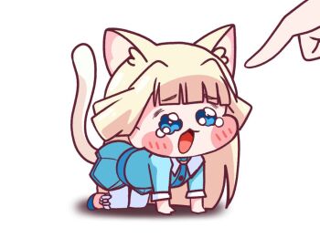 1girl 1other @est@ all_fours animal_ear_fluff animal_ears blonde_hair blue_dress blue_eyes blunt_bangs blush blush_stickers cat_ears cat_girl cat_tail chibi commentary_request crying crying_with_eyes_open dress long_hair meme mini_person minigirl nekoyashiki_yuki open_mouth pants pointing precure simple_background solo_focus speakiposting_(meme) tail tearing_up tears trickcal white_background white_pants wonderful_precure!