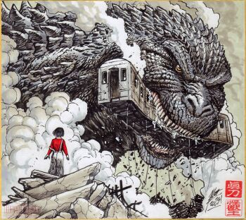 1girl brown_eyes dinosaur giant giant_monster godzilla godzilla_(series) godzilla_minus_one highres kaiju matt_frank monster mutant sea_monster toho train