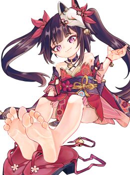 1girl armpit_crease barefoot bell black_hair black_sash breasts chaosexceed closed_mouth detached_sleeves dress eyebrows_hidden_by_hair feet flower foot_focus fox_mask full_body hair_between_eyes hair_flower hair_ornament highres honkai:_star_rail honkai_(series) jingle_bell jingle_bell_earrings long_hair mask obi okobo pink_eyes platform_sandals red_dress sandals sash simple_background sitting small_breasts smile soles solo sparkle_(honkai:_star_rail) toes twintails unworn_mask unworn_sandals white_background
