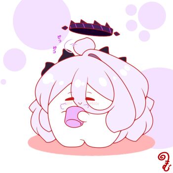 afterimage ahoge ahoge_wag blue_archive blush chibi closed_eyes closed_mouth colored_shadow commentary_request cup expressive_hair eyes_visible_through_hair full_body grey_hair halo highres hina_(blue_archive) holding holding_cup horns kurukurumagical long_hair mug shadow simple_background single_hair_intake smile solo standing steam translation_request very_long_hair white_background