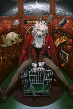 Rule 34 | 1girl, 2023, albino, black leotard, black pantyhose, boots, breasts, cage, carrot, chinese new year, chinese text, chinese zodiac, cleavage, crater, detached collar, door, floating, floating object, glowing, glowing eyes, highleg, highleg leotard, highres, infukun, jacket, jacket on shoulders, large breasts, leotard, looking at viewer, pantyhose, playboy bunny, rabbit, rabbit ears antenna, red eyes, red jacket, red lips, red nails, rug, sitting, sitting on cage, solo, space, spread legs, white hair, window, wrist cuffs, year of the rabbit