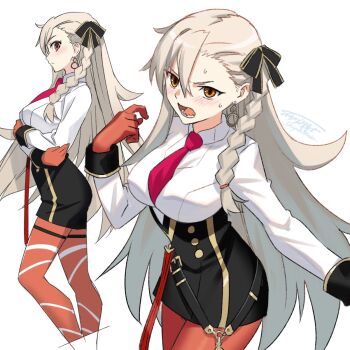 ahoge belt black_wrist_cuffs blush bow braid breasts commentary_request decoponmagi earrings fate/grand_order fate_(series) gloves hair_between_eyes hair_bow highres jewelry large_breasts long_hair necktie olga_marie_animusphere olga_marie_animusphere_(unbeast) open_mouth orange_eyes pantyhose red_gloves sharp_teeth sweat teeth very_long_hair white_hair wrist_cuffs