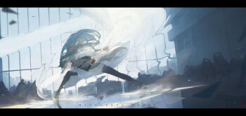 1girl 6+others animal_ear_fluff animal_ears arknights ballistic_shield black_hair character_name copyright_name distortion dust dutch_angle english_text eye_trail gloves hair_between_eyes highres holding holding_sword holding_weapon indoors jacket leaning_forward letterboxed light_particles light_trail logo long_hair long_sleeves multiple_others pantyhose pantyhose_under_shorts red_gloves reflective_floor shield shirt shoes shorts soldier spread_legs sword tail texas_(arknights) transparent_sword very_long_hair void_0 weapon white_jacket window wolf_ears wolf_girl wolf_tail