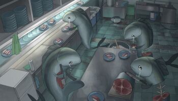 blood commentary_request conveyor_belt conveyor_belt_sushi crying fins fish food frown highres indoors kitchen knife no_humans original plate plate_stack rice streaming_tears surreal sushi tears tensen_(dotted_line)