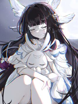 1girl bare_legs bare_shoulders black_hair closed_eyes columbina_(genshin_impact) dress genshin_impact hair_ornament hair_ribbon hashtag-only_commentary highres knees_up multicolored_hair pink_hair ribbon shyaruru smile sparkle two-tone_hair white_dress white_ribbon wing_hair_ornament