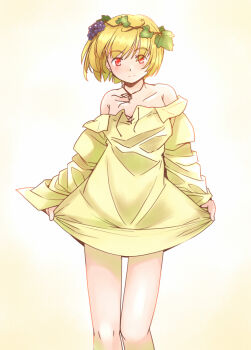1girl aki_minoriko blonde_hair collarbone commentary_request eyes_visible_through_hair feet_out_of_frame food-themed_hair_ornament grape_hair_ornament grape_vine hair_ornament knees light_blush long_sleeves looking_at_viewer off_shoulder rangycrow red_eyes shirt shirt_hold short_hair smile solo split_mouth thighs touhou yellow_background yellow_shirt