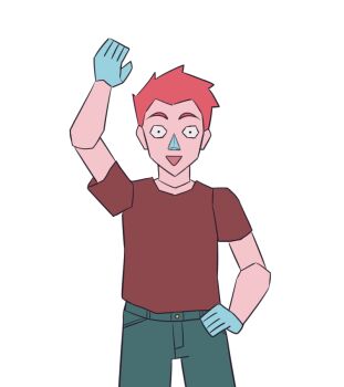 Rule 34 | 1boy, arm up, black eyes, blue gloves, blue pants, brown shirt, colored skin, commentary, cowboy shot, english commentary, gen 1 pokemon, gloves, kirby otaku, looking at viewer, low poly, male focus, nintendo, open mouth, pants, personification, pink hair, pink skin, pokemon, porygon, shirt, short sleeves, simple background, smile, solo, transparent background, waving