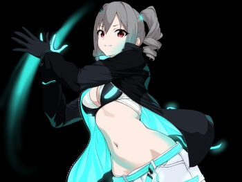1girl aqua_belt belt black_background black_gloves black_jacket breasts brown_hair commentary_request drill_hair fascinate_kyrie gloves grin highres idolmaster idolmaster_cinderella_girls jacket kanzaki_ranko looking_at_viewer medium_breasts medium_hair navel open_clothes open_jacket red_eyes smile solo stomach twin_drills upper_body
