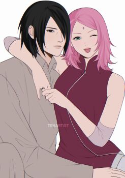 Rule 34 | > o, 1girl, :p, arm around shoulder, black eyes, black hair, boruto: naruto next generations, chromatic aberration, closed mouth, collared shirt, commentary, couple, dress, elbow sleeve, english commentary, eyelashes, facial mark, flipped hair, forehead mark, green eyes, grey shirt, hair over one eye, haruno sakura, hetero, highres, husband and wife, invisible chair, jewelry, looking at viewer, mandarin collar, medium hair, naruto (series), one eye closed, ornate ring, pink hair, red dress, ring, shirt, side slit, simple background, sitting, sleeveless, sleeveless dress, straight hair, swept bangs, tenartistt, tongue, tongue out, uchiha sasuke, wedding ring, white background, zipper