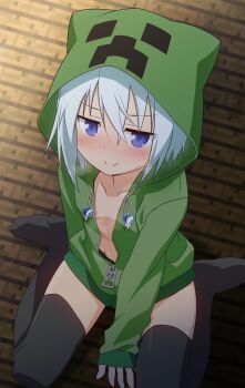 1girl absurdres black_thighhighs blue_eyes blush breasts cleavage commentary_request commission creeparka creeper curakuru green_jacket highres hood hooded_jacket humanization jacket long_sleeves looking_at_viewer minecraft naked_jacket nose_blush partially_unzipped seductive_smile short_hair sitting skeb_commission small_breasts smile solo thighhighs thighs wariza white_hair zipper