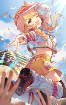 1girl arm_up blonde_hair braid breasts commentary_request crop_top detached_sleeves fujita_kotone gakuen_idolmaster hat highres idolmaster jumping leg_warmers looking_back medium_breasts one_eye_closed shiidap shorts thighhighs twin_braids yellow_big_bang!_(idolmaster) yellow_eyes