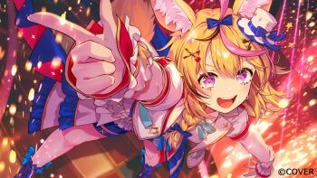 1girl :d absurdres ahoge animal_ear_fluff animal_ears arm_up black_streaks blonde_hair blue_boots blue_bow blue_shorts boots bow braid commentary_request concert copyright_name double-parted_bangs facial_mark fox_ears fox_girl fox_tail frilled_skirt frills hair_between_eyes hair_bow hair_over_shoulder hat heart heart-shaped_pupils highres hololive hololive_idol_uniform_(bright) idol_clothes jacket legs_apart long_hair looking_at_viewer mark_under_eye mini_hat mini_top_hat mochipuyo_(canvas_mochi) official_alternate_costume official_art omaru_polka open_mouth pink_streaks puffy_short_sleeves puffy_sleeves purple_eyes shirt short-sleeved_jacket short_shorts short_sleeves shorts showgirl_skirt side_braid single_braid skirt smile solo standing symbol-shaped_pupils tail teeth thigh_strap top_hat upper_teeth_only virtual_youtuber white_hat white_jacket white_shirt white_skirt wrist_cuffs