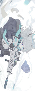 1girl abydos_high_school_logo animal_ear_fluff animal_ears aqua_scarf assault_rifle bag black_skirt blue_archive blue_eyes blue_halo blue_jacket blue_scarf closed_mouth cross cross_hair_ornament dress_shirt english_text extra_ears fingerless_gloves gloves grey_hair gun hair_ornament halo highres holding holding_gun holding_weapon inverted_cross jacket jaeb_(kkrt0302) medium_hair mismatched_pupils plaid_clothes plaid_skirt rifle scarf school_bag scope shiroko_(blue_archive) shirt sig_sauer sig_sauer_556 simple_background skirt smoke solo weapon white_background white_shirt wolf_ears wolf_girl
