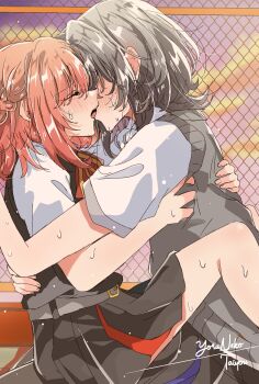 2girls asanagi_yori between_legs black_hair black_skirt blush braid chain-link_fence closed_eyes commentary dusk english_commentary fence french_kiss grey_sweater_vest half_up_braid hand_on_another&#039;s_waist highres kino_himari kiss multiple_girls orange_hair outdoors pleated_skirt sasayaku_you_ni_koi_wo_utau shirt short_sleeves skirt sunset sweat sweater_vest white_shirt yoruneko_(liampadolina) yuri