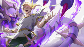 1boy absurdres arms_up black_pants blonde_hair bracelet commentary_request gen_4_pokemon giratina giratina_(origin) gold_trim highres janis_(hainegom) jewelry legendary_pokemon looking_to_the_side male_focus necklace nintendo open_mouth pants parted_bangs pokemon pokemon_(creature) pokemon_legends:_arceus red_eyes smile teeth tongue tunic volo_(pokemon) watermark white_tunic wide-eyed