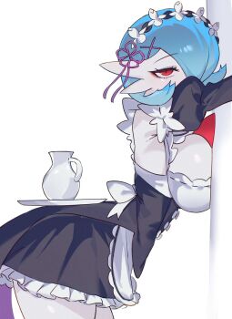 Rule 34 | 1girl, against wall, alternate costume, apron, back bow, black dress, black sleeves, blue hair, bow, breast press, breasts, chunniwa, colored skin, cosplay, cowboy shot, detached sleeves, dress, enmaided, frilled apron, frilled dress, frills, from side, gardevoir, gen 3 pokemon, hair ornament, hair over one eye, hair ribbon, highres, looking at viewer, maid, maid headdress, nintendo, partial humanization, pokemon, pokemon (creature), purple ribbon, re:zero kara hajimeru isekai seikatsu, red eyes, rem (re:zero), rem (re:zero) (cosplay), ribbon, roswaal mansion maid uniform, short hair, solo, thighs, tray on ass, white bow, white skin, x hair ornament
