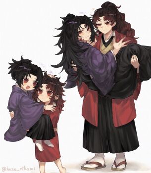 2boys age_comparison aged_down barefoot black_hair black_hakama blush brown_hair carrying carrying_person clenched_teeth closed_mouth full_body hakama haori haze_nikomi high_ponytail highres japanese_clothes kimetsu_no_yaiba kimono male_focus multiple_boys open_mouth ponytail purple_kimono red_eyes red_haori red_kimono simple_background smile socks spiked_hair standing teeth tsugikuni_michikatsu tsugikuni_yoriichi twitter_username white_background white_socks yellow_kimono