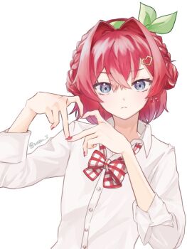 1girl ange_katrina blue_eyes bow bow_headband bowtie braid cherry_earrings cherry_pop_(vocaloid) closed_mouth collared_shirt commentary_request crossed_bangs double_bun earrings food-themed_earrings food_themed_earrings four-finger_heart_hands frown gingham_bowtie green_bow green_headband hair_between_eyes hair_bun hair_intakes hair_ornament hands_up headband heart heart_hair_ornament heart_hands highres jewelry looking_at_viewer loose_bowtie medium_hair mtym_j nail_polish nijisanji official_alternate_costume red_bow red_bowtie red_hair red_nails shirt simple_background sleeves_rolled_up solo twitter_username upper_body variant_set virtual_youtuber white_background white_bow white_bowtie white_shirt