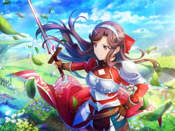 1girl armor blue_sky blurry blurry_foreground brown_gloves brown_hair closed_mouth day earrings falling_leaves fingerless_gloves floating_hair game_cg gloves grey_hairband hairband hand_on_own_hip holding holding_sword holding_weapon jacket jewelry leaf official_art parted_bangs purple_eyes red_jacket shoujo_kageki_revue_starlight shoujo_kageki_revue_starlight_-re_live- shoulder_armor sky smile solo standing sword tendou_maya upper_body v-shaped_eyebrows weapon