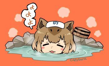 1girl :3 animal_ears blush brown_hair bseibutsu bucket capybara_(kemono_friends) capybara_ears capybara_girl closed_eyes extra_ears hair_between_eyes japari_symbol kemono_friends multicolored_hair onsen partially_submerged short_hair sidelocks solo towel towel_on_head translation_request water