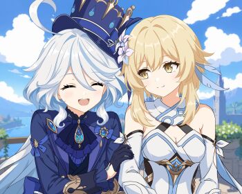 Rule 34 | 2girls, ^ ^, absurdres, ahoge, ascot, blonde hair, blue ascot, blue gem, blue gloves, breasts, cleavage, closed eyes, closed mouth, commentary request, day, detached sleeves, furina (genshin impact), gem, genshin impact, gloves, hair between eyes, hand on another's arm, highres, light blush, long hair, looking at another, lumine (genshin impact), medium breasts, multiple girls, nanojade, open mouth, outdoors, short hair with long locks, sleeveless, smile, teeth, upper teeth only, white hair, white sleeves, yellow eyes