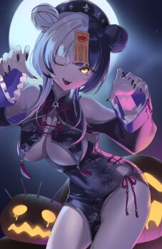 1girl ;d absurdres alternate_costume black_dress black_hair black_nails breast_curtains breasts china_dress chinese_clothes clothing_cutout commentary cowboy_shot double_bun dress fangs fingernails full_moon grey_hair hair_bun halloween_costume hands_up hat highres hololive hololive_english jack-o&#039;-lantern jiangshi jiangshi_costume large_breasts long_sleeves looking_at_viewer matryo8 moon multicolored_hair nail_polish night ofuda one_eye_closed open_mouth outstretched_arms qingdai_guanmao sharp_fingernails shiori_novella shoulder_cutout smile solo split-color_hair standing star_(sky) two-tone_hair underboob very_long_fingernails virtual_youtuber yellow_eyes yorick_(shiori_novella) zombie_pose