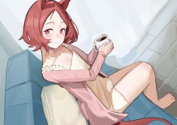 1girl alternate_costume animal_ears blush brown_hair cardigan closed_mouth coffee coffee_mug commentary_request couch cup dress head_tilt holding holding_cup horse_ears horse_girl horse_tail indoors looking_at_viewer mug on_couch open_cardigan open_clothes pink_cardigan pink_eyes sakura_laurel_(umamusume) smile solo solokitsune tail umamusume yellow_dress