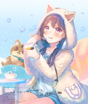 1girl :q animal_ears animal_hood black_hair blue_shorts blush camisole closed_mouth commission cup fake_animal_ears feet_out_of_frame food hair_over_shoulder holding holding_cup holding_spoon hood hood_up hooded_jacket indie_virtual_youtuber ittokyu jacket long_hair looking_at_viewer low_twintails nagino_mashiro pudding purple_eyes shorts sitting smile solo spoon stuffed_animal stuffed_toy table tongue tongue_out twintails virtual_youtuber white_camisole white_jacket