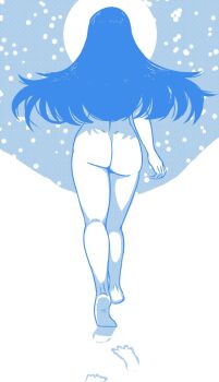 1girl akairiot ass ass_focus barefoot blue_hair butt_crack colored_skin completely_nude dimples_of_venus facing_away footprints from_behind full_body full_moon highres long_hair median_furrow monochrome moon nude original outdoors screentones simple_background snow snowing solo standing walking walking_away white_skin winter yuki_onna