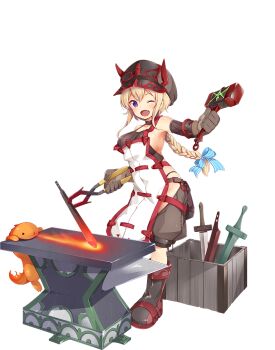 1girl anvil apron armpits artist_request bad_source blacksmith blonde_hair boots bow braid breasts breath_weapon breathing_fire collar crate fake_horns fang fire full_body game_cg gloves hair_bow hammer holding holding_hammer horned_headwear horns leather leather_gloves official_art one_eye_closed purple_eyes salamander sandy_(sennen_sensou_aigis) sennen_sensou_aigis sideboob solo sword third-party_source transparent_background weapon