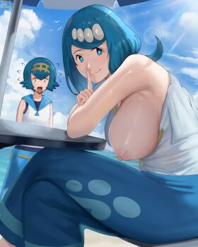 2girls absurdres armpits bare_shoulders beach blue_eyes blue_hair blue_sailor_collar breast_slip breasts bright_pupils cloud cloudy_sky finger_to_mouth flashing freckles hairband highres index_finger_raised lana&#039;s_mother_(pokemon) lana_(pokemon) large_breasts looking_at_viewer magdalenus27 mature_female mother_and_daughter multiple_girls nintendo nipples no_bra one-piece_swimsuit one_breast_out open_mouth pants parasol pokemon pokemon_(anime) pokemon_sm_(anime) sailor_collar shirt short_hair shushing sitting sky sleeveless smile sunlight surprised swimsuit swimsuit_under_clothes table umbrella