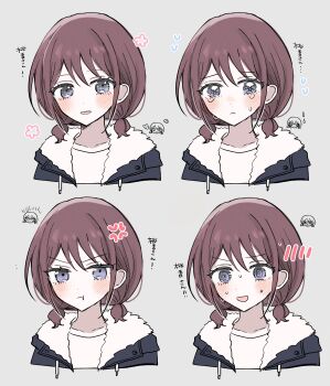 1girl @_@ absurdres blue_eyes blue_jacket blush brown_hair commentary_request crying crying_with_eyes_open girls_band_cry hamchan69 highres iseri_nina jacket low_twintails multiple_expressions open_mouth pout short_hair short_twintails sweat tearing_up tears translation_request twintails