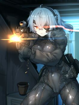 Rule 34 | absurdres, aiming, aiming at viewer, bodysuit, breasts, bullpup, covered navel, grey hair, gun, hair between eyes, headset, highres, holding, holding gun, holding weapon, impossible bodysuit, impossible clothes, impossible leotard, large breasts, leotard, m004 (natsukaze shigure), medium hair, natsukaze shigure, original, p90, skin tight, submachine gun, thighs, weapon