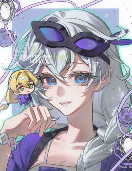 Rule 34 | 1boy, 1girl, blonde hair, blue eyes, bracelet, braid, breasts, chibi, chinese commentary, cleavage, close-up, closed mouth, collarbone, couple, eye mask, green eyes, grey hair, hair between eyes, hair over shoulder, hand up, honkai (series), honkai impact 3rd, huabu308, jewelry, kallen kaslana, light smile, long braid, long hair, looking at viewer, looking to the side, low-tied long hair, mask, mask on head, otto apocalypse, parted lips, shade, short sleeves, single braid, smile, upper body