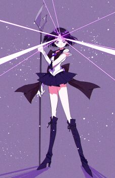 1girl back_bow bishoujo_senshi_sailor_moon black_hair boots bow brooch elbow_gloves gloves heart heart_brooch highres jewelry leotard magical_girl pochi_(askas_is_god) purple_boots purple_eyes purple_sailor_collar purple_skirt sailor_collar sailor_saturn sailor_senshi_uniform saturn_symbol short_hair silence_glaive skirt solo tomoe_hotaru white_gloves white_leotard