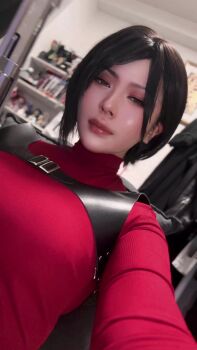 1girl ada_wong ada_wong_(cosplay) animated audible_music black_hair blurry blurry_background breasts capcom cosplay cosplay_photo female_focus gun handgun harness highres holding holding_gun holding_weapon indoors large_breasts long_sleeves photo_(medium) real_life red_sweater resident_evil resident_evil_4 resident_evil_4_(remake) revolver ribbed_sweater solo sound sumire9144 sweater tagme turtleneck turtleneck_sweater video weapon