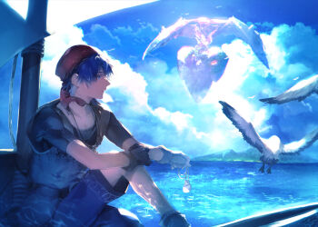 Rule 34 | 1boy, amulet, armor, bandana, belt, bird, black shirt, blue eyes, blue hair, blue shorts, boat, boots, chainmail, chrono cross, cloud, cloudy sky, floating island, gloves, hair between eyes, highres, holding, holding jewelry, holding necklace, island, jewelry, mast, necklace, ocean, pendant, profile, red bandana, sail, sailboat, serge (chrono cross), shirt, short hair, shorts, sitting, sky, solo, sunakumo, t-shirt, watercraft, wings