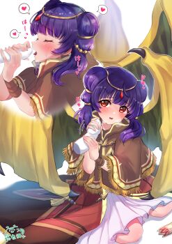 1girl absurdres alternate_costume bead_necklace beads blunt_bangs blush bracelet breath brown_capelet brown_coat capelet circlet closed_eyes coat disembodied_penis dragon_girl dragon_wings dress eyelashes fellatio fire_emblem fire_emblem:_the_sacred_stones fire_emblem_heroes fringe_trim from_above from_side full_body gold_trim green_wings hair_ornament hair_tie handjob hands_up heart heart-shaped_pupils hetero high-low_skirt highres hood jewelry kneeling knees licking licking_penis long_hair looking_at_viewer multi-tied_hair multicolored_coat multiple_views myrrh_(fire_emblem) necklace nintendo official_alternate_costume open_mouth oral pale_skin parted_lips penis purple_hair red_coat red_eyes saliva saliva_trail sequential shiny_skin short_dress signature sitting stealth_nyanko sweat symbol-shaped_pupils tongue tongue_out twintails upper_body wariza white_background white_dress wings wristband yellow_wings