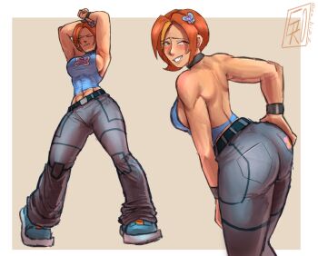 1girl absurdres armpits arms_up ass backless_outfit bare_shoulders blush bracelet breasts butterfly_(planetronika) choker closed_eyes female_focus from_behind full_body hair_ornament highres jewelry large_breasts looking_back matching_hair/eyes midriff orange_eyes orange_hair planetronika short_hair sideboob simple_background solo toned toned_female za_bizz