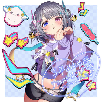 1girl absurdres bell belt black_shorts blue_background blue_eyes blush border checkered_background commentary_request cowboy_shot crop_top cropped_shirt grey_hair hair_bell hair_ornament hairclip ham3c hands_up heterochromia highres long_sleeves looking_at_viewer midriff navel original outside_border panty_straps parallel_hairclips parted_lips pink_eyes purple_shirt shirt short_hair short_shorts shorts sleeves_past_wrists solo white_belt white_border