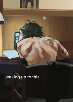1boy arm_tattoo back commentary computer english_text from_behind genshin_impact green_hair green_tattoo hashtag-only_commentary highres laptop male_focus meme short_hair sitting solo tattoo ushy_(narutoss_ramen) waking_up_to_this_(meme) xiao_(genshin_impact)